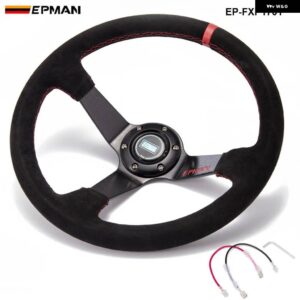 オート 350MM ディープディッシュ ドリフト レーシング ステアリングホイール スエード レザー ホーンボタン 付き EP-FXP1701 - Red