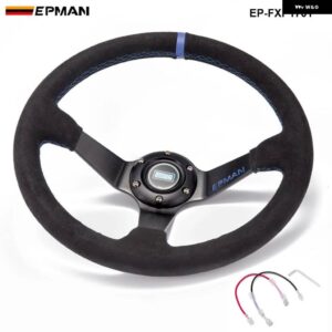 オート 350MM ディープディッシュ ドリフト レーシング ステアリングホイール スエード レザー ホーンボタン 付き EP-FXP1701 - Blue