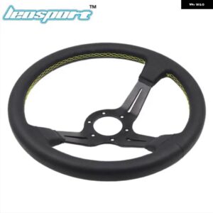 14インチ 350MM ステアリングホイール 本革赤/青/黄/白ライン ステアリングホイール ライトディープ レーシング ステアリングホイール - yellow Sutures
