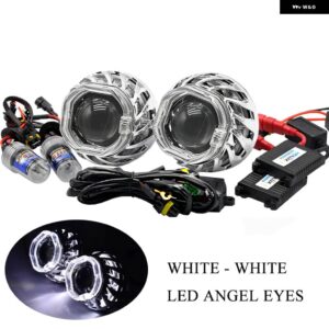 2.5 ビキセノンプロジェクターレンズスパイラルホットホイール LED エンジェルアイデュアルハローシュラウド 35ワット HIDキット H4 H7 ヘッドライト - WHITE WHITE KIT