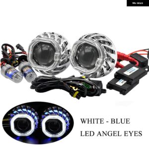 2.5 ビキセノンプロジェクターレンズスパイラルホットホイール LED エンジェルアイデュアルハローシュラウド 35ワット HIDキット H4 H7 ヘッドライト - WHITE BLUE KIT