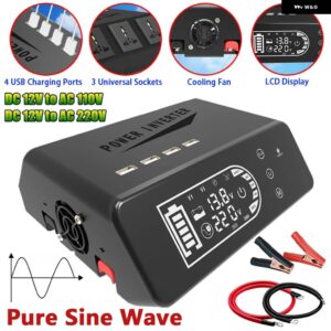DC 12V AC 110V/220V ピュア正弦波パワーインバーター 1000ワット 定格電力 LCD ディスプレイ電圧変圧器 - 12V to 220V