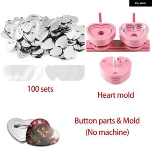 ボタン メーカーマシン ハート型 モールド 100個セット ボタン パーツピン バッジプレスメーカー スライドレールマシン DIY 作成 57*53MM - Parts and Mold Pink