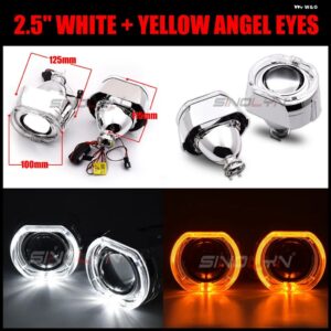 SINOLYN LED エンジェルアイズ バイ キセノン プロジェクター ヘッドライト レンズ 2.5/3.0 スクエアウィンカースイッチバック ランニングライト H4/H7 - 2.5 White Yellow