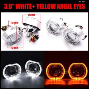 SINOLYN LED エンジェルアイズ バイ キセノン プロジェクター ヘッドライト レンズ 2.5/3.0 スクエアウィンカースイッチバック ランニングライト H4/H7 - 3.0 White Yellow
