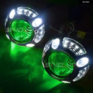 SINOLYN 2.5インチ バイ キセノン ヘッドライト プロジェクター 8.0 レンズ キット H4 H7 ヘッドライト レンズ エンジェルデビルアイレンズ カーアクセサリ - White-Green