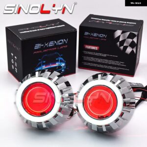 SINOLYN LED エンジェルアイズ デビル2.5 ヘッドライト プロジェクターレンズ バイ キセノン ハローリングレンズ HIDプロジェクターH4/H7車アクセサリー - White Red
