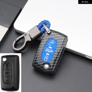 カーボンABS CARキーケースカバー プジョー 107 206 207 208 306 307 308 407 408 508 RCZ シトロエン C2 C3 C4 C5 3 ボタン - Carbon Blue