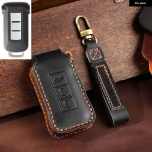 レザーカーキーカバー ケース 三菱 デリカ D5 三菱 アウトランダー 2014 パジェロ デリカ キー チェーン カーアクセサリーバッグ - black