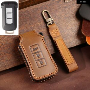 レザーカーキーカバー ケース 三菱 デリカ D5 三菱 アウトランダー 2014 パジェロ デリカ キー チェーン カーアクセサリーバッグ - brown