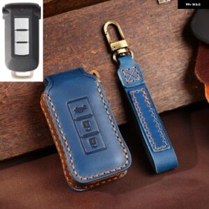 レザーカーキーカバー ケース 三菱 デリカ D5 三菱 アウトランダー 2014 パジェロ デリカ キー チェーン カーアクセサリーバッグ - blue