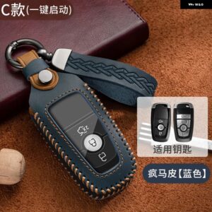 レザー製車用リモートキーケースカバー フォード フュージョン エッジ マスタング エクスプローラー F150 F250 F350 エコスポーツ プロテクター ホルダー - blue