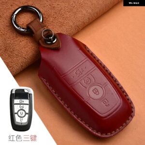 クレイジーホースレザーカーキーケース フォード マスタング 2018 エコスポーツ リモートフォブ シェルカバー キーバッグ キー チェーン 自動車アクセサリー - 4 Button Red A