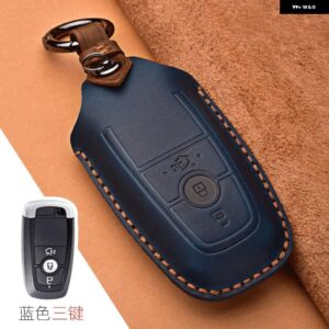 クレイジーホースレザーカーキーケース フォード マスタング 2018 エコスポーツ リモートフォブ シェルカバー キーバッグ キー チェーン 自動車アクセサリー - 3 Button Blue B
