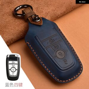 クレイジーホースレザーカーキーケース フォード マスタング 2018 エコスポーツ リモートフォブ シェルカバー キーバッグ キー チェーン 自動車アクセサリー - 4 Button Blue A