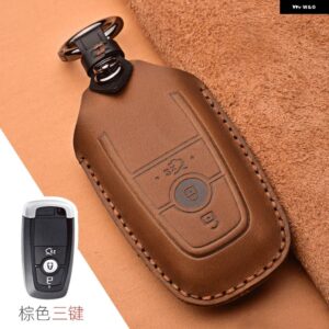 クレイジーホースレザーカーキーケース フォード マスタング 2018 エコスポーツ リモートフォブ シェルカバー キーバッグ キー チェーン 自動車アクセサリー - 3 Button Brown B