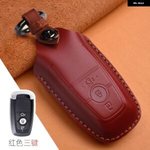 クレイジーホースレザーカーキーケース フォード マスタング 2018 エコスポーツ リモートフォブ シェルカバー キーバッグ キー チェーン 自動車アクセサリー - 3 Button Red B