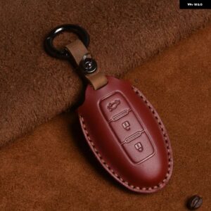 クレイジーホースレザーカーキーケース インフィニティ EX35 FX35 FX50 M56 G35 G37 JX35 QX50 QX60 QX80 日産 キー チェーン バッグ カバー - 3 Button Red B