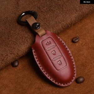 クレイジーホースレザーカーキーケース インフィニティ EX35 FX35 FX50 M56 G35 G37 JX35 QX50 QX60 QX80 日産 キー チェーン バッグ カバー - 3 Button Red C
