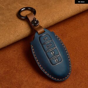 クレイジーホースレザーカーキーケース インフィニティ EX35 FX35 FX50 M56 G35 G37 JX35 QX50 QX60 QX80 日産 キー チェーン バッグ カバー - 4 Button Blue