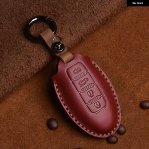 クレイジーホースレザーカーキーケース インフィニティ EX35 FX35 FX50 M56 G35 G37 JX35 QX50 QX60 QX80 日産 キー チェーン バッグ カバー - 4 Button Red