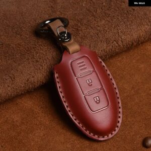 クレイジーホースレザーカーキーケース インフィニティ EX35 FX35 FX50 M56 G35 G37 JX35 QX50 QX60 QX80 日産 キー チェーン バッグ カバー - 2 Button Red A