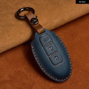 クレイジーホースレザーカーキーケース インフィニティ EX35 FX35 FX50 M56 G35 G37 JX35 QX50 QX60 QX80 日産 キー チェーン バッグ カバー - 3 Button Blue B