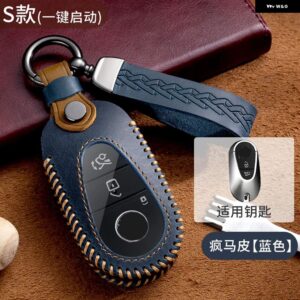 レザーカーキーケース ベンツ 2021 C /S クラス W223 W206 S350L S400L S450L S500L プロテクター キー チェーン キーカバー - blue