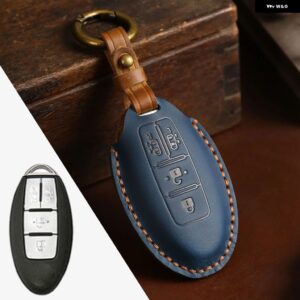 本革 製カーキーケース 日産 クエスト MPV エルグランド NV200 エヴァリア セレナ 4 ボタン リモートフォブ スキンバッグ キー チェーン キーカバー - blue