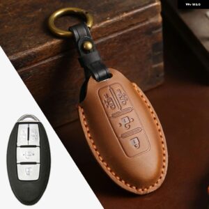 本革 製カーキーケース 日産 クエスト MPV エルグランド NV200 エヴァリア セレナ 4 ボタン リモートフォブ スキンバッグ キー チェーン キーカバー - brown