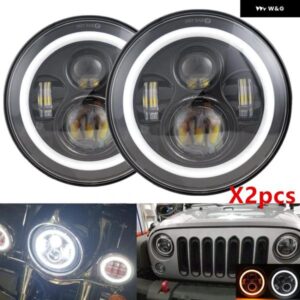 2PC 車 7インチ LED ヘッドライト ジープ ラングラー HALO アングルアイズ DRL ヘッドランプ LADA NIVA 4X4 アーバン スズキ サムライフロン