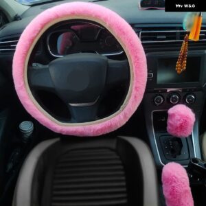 3PCS 車用プラッシュ ステアリングホイール ボールカバー 実用 秋冬用ステアリングカバー ステアリングホイール NTERIO アクセサリー - Pink