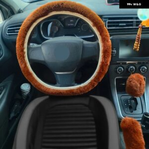 3PCS 車用プラッシュ ステアリングホイール ボールカバー 実用 秋冬用ステアリングカバー ステアリングホイール NTERIO アクセサリー - brown