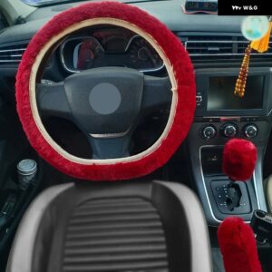 3PCS 車用プラッシュ ステアリングホイール ボールカバー 実用 秋冬用ステアリングカバー ステアリングホイール NTERIO アクセサリー - red