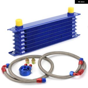 汎用 7列 オイルクーラー キット + オイル フィルター サンドイッチ アダプター + ステンレス 編組 オイルホース PQY ステッカー 付き + ボックス - BLUE 7ROWS 6721BR