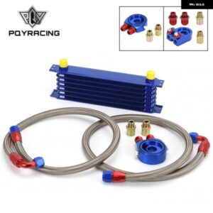 汎用 7列 オイルクーラー キット + オイル フィルター サンドイッチ アダプター + ステンレス 編組 オイルホース PQY ステッカー 付き + ボックス