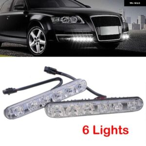2個 車用DRL アセンブリ デイタイム ランニングライト フォグランプ 6LED コールドホワイト 12V 10000K ハイ/ロービーム アルミ ハウジング