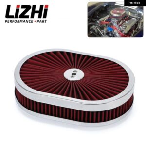 12インチX2インチ オーバルエアクリーナー フィルター アセンブリ 5-1/8インチ キャブレター ネック フロースルーリッド付き ハイフロー クローム GMC シボ