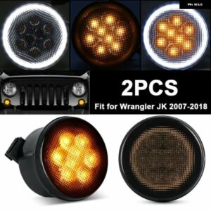 2個 ホワイト アンバー フロント LED ウィンカー ライト グリル スモークレンズ ランプ ジープ ラングラー JK 2007-2018