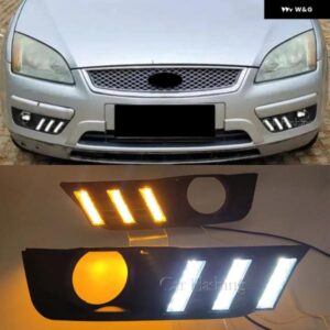 カー点滅 2個 LED デイタイム ランニングライト デイライト フォグランプ カバー 黄色 ウィンカー DRL フォード フォーカス 2005 2006 カス