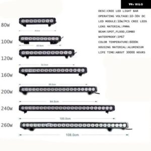自動 80ワット 100ワット 120ワット 160ワット 180ワット 240ワット 260ワット オフロード LED ワークライトバー 13インチ 17インチ 20イン