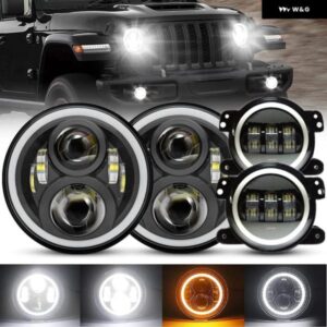 カーアクセサリー 7インチ インチラウンド LED ヘッドライト ハローリング 4インチ フォグライト アセンブリ ジープ ラングラー JK 2007-20