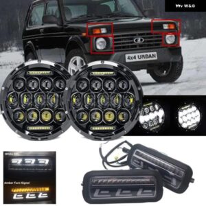 DOT 75W 7インチ ラウンド ヘッドライト LADA NIVA 4X4 LED デイタイム ランニングライト ウィンカー アンバーライト LADA NIVA 4X4 1995+