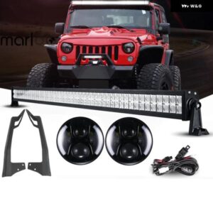 ホワイト アンバー ハロー LED ヘッドライト ジープ ラングラー JK 7インチ + 52インチ 300W LED ワークライトバー + ルーフ 取り付けブラケ