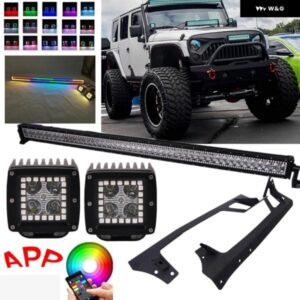 BLUETOOTH アプリ RGB ハロー LED ポッドライトマルチカラー 50インチ LED ワークライトバールーフ 取付ブラケット ジープ ラングラー JK 0