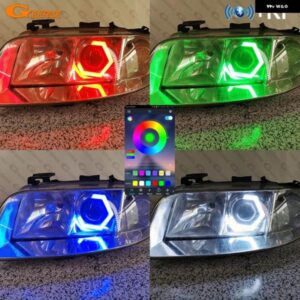 アウディ A6 C5 4B S6 フェイスリフト前 BLUETOOTHアプリ 超高輝度マルチカラーRGB LEDエンジェルアイキット ヘキサゴンHEXHALOリング