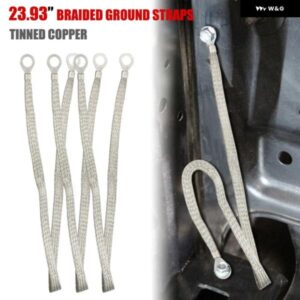 パック3 24インチ X 1/2インチ錫メッキ銅編組アースストラップ 1/2インチリング 自動車用ファイアウォールフードワイヤエンドリング端子コネクタ