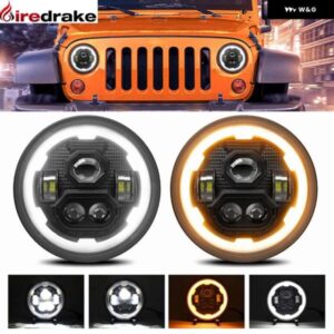 R1 7インチ LED ラウンド ヘッドライト ギア エンジェルアイ ラングラー ジープ オフロード ヘッドライト H4 200W 6000K/3500K 30000LM 24V ヘッドランプ