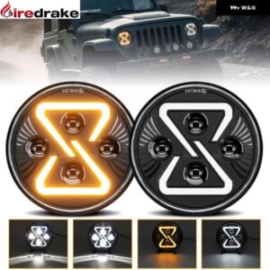 7インチ LED ヘッドライト ラウンド ラングラー ヘッドライト 200W 30000LM イエロー グラデーション エンジェルアイ H4 ヘッドランプ ジープ ハレー