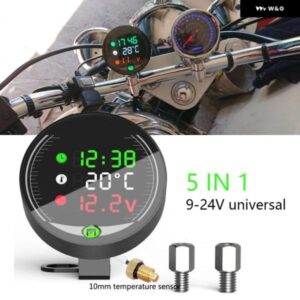 5IN1 オートバイ 用水温計 USB充電式時間電圧計 LEDナイトビジョンメーター 温度センサー付き
